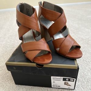[SOLD] Worthington Bassett Heeled Sandals in Cognac